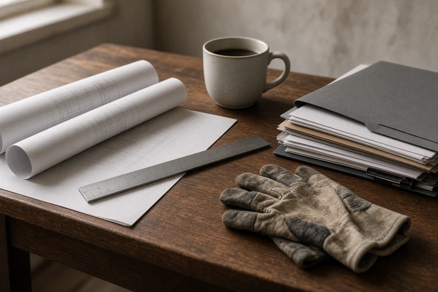 Construction documents and tools on a work table