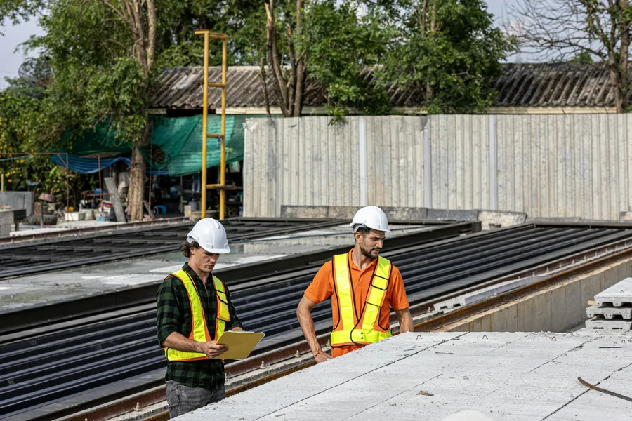 Construction supervisors reviewing plans on a jobsite